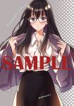  1girl :o bangs black-framed_eyewear black_hair black_skirt blush breasts cardigan character_name collared_shirt commentary_request copyright_name cowboy_shot eyebrows glasses grey_background himawari-san himawari-san_(character) long_hair long_skirt looking_at_viewer medium_breasts open_cardigan open_clothes purple_cardigan purple_eyes sample shirt shirt_tucked_in signature skirt solo standing sugano_manami white_shirt 