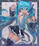  1girl absurdres animal_ear_headphones animal_ears black_skirt black_sleeves black_thighhighs blue_eyes blue_hair breasts cat_ear_headphones collared_shirt commentary cowboy_shot detached_sleeves fake_animal_ears fang grey_shirt hair_between_eyes hatsune_miku headphones highres khazure long_hair miniskirt open_mouth shirt skin_fang skirt sleeveless sleeveless_shirt small_breasts solo thighhighs vocaloid white_trim 