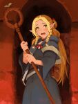  1girl absurdres blonde_hair blue_capelet blue_robe blush braid capelet dungeon_meshi elf green_eyes highres looking_at_viewer marcille_donato multiple_braids pointy_ears robe standing yan_kodiac 