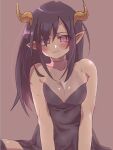  1girl bare_shoulders black_dress blush breasts brown_background cleavage detached_collar dress hair_over_one_eye hashimoto_(soukidann2010) highres horns long_hair looking_at_viewer original pointy_ears purple_hair simple_background sitting small_breasts solo teeth 
