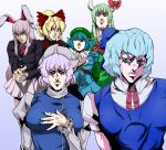  6+girls animal_ears araki_hirohiko_(style) blonde_hair blue_eyes blue_hair blue_skirt blue_vest bow bowtie bunny_ears cirno closed_mouth collared_shirt derivative_work dress ex-keine finger_gun fingernails gradient gradient_background green_dress green_hair grey_background grey_shirt grey_skirt hair_between_eyes hair_bobbles hair_bow hair_ornament hat horn_bow horn_ornament horns jojo_no_kimyou_na_bouken juliet_sleeves kamishirasawa_keine kawashiro_nitori kurodani_yamame letty_whiterock long_hair long_sleeves looking_at_viewer multiple_girls neck_ribbon neckerchief parody parted_lips pink_hair pleated_skirt ponytail puffy_short_sleeves puffy_sleeves purple_background purple_eyes purple_hair reaching_out red_eyes red_neckwear reisen_udongein_inaba ribbon shirt short_hair short_sleeves skirt takada_sekiyu_(kabu) touhou twintails vento_aureo vest wing_collar 