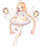  1girl :3 :d angel_(ark_order) angel_wings ao_jun ark_order bell blonde_hair blue_eyes blush bow braid constellation_print detached_wings dress flower forehead frilled_dress frills full_body gears gloves hair_ornament halo holding holding_flower long_hair looking_at_viewer mini_wings official_art pantyhose pink_pupils pointy_ears puffy_dress red_flower red_rose rose see-through see-through_legwear short_dress sidelocks smile solo standing standing_on_one_leg star-shaped_pupils star_(symbol) star_hair_ornament star_print stirrup_legwear symbol-shaped_pupils tachi-e toeless_legwear transparent_background twin_braids veil very_long_hair white_dress white_gloves white_pantyhose white_wings wings yellow_bow 