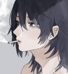  1girl blue_eyes cigarette commentary deino_(eichi_005) grey_background hair_between_eyes highres medium_hair original parted_lips piercing_hole portrait shade smoke solo symbol-only_commentary 