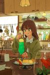  1girl bottle coffee_cup coffee_mug cup disposable_cup faucet fish fishbowl food frying_pan goldfish green_eyes highres holding holding_spoon ice_cream ice_cream_float kitchen mug original pudding_a_la_mode salad_tongs shelf spoon sweater tongue tongue_out twin-mix 