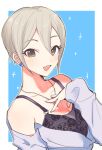  1girl bare_shoulders black_camisole black_eyes blue_background blush border breasts camisole cleavage collarbone earrings floral_print grey_hair hair_between_eyes hand_on_own_chest idolmaster idolmaster_cinderella_girls idolmaster_cinderella_girls_starlight_stage jewelry long_sleeves looking_at_viewer medium_breasts necklace open_mouth outside_border print_camisole purple_shirt rose_print shiomi_syuko shirt short_hair simple_background smile solo sparkle upper_body white_border yunion_(sibujya) 