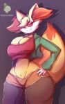 anthro big_tail braixen breasts canid canine canis chubchubbyart clothed clothing curvy_female curvy_figure ear_tuft eyewear fan_character fangs female fennec_fox fox fur generation_6_pokemon glasses hi_res humanoid inner_ear_fluff looking_at_viewer mammal nintendo pokemon pokemon_(species) pose red_body red_eyewear red_fur red_glasses simple_background smilling solo standing sunglasses tail teeth thick_thighs true_fox tuft white_body white_fur yellow_body yellow_fur