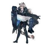  1girl 1other animal_ears arknights asano_(asamusuko) black_gloves black_hair black_jacket blue_necktie blush boots breasts cape carrying carrying_person collared_shirt doctor_(arknights) double-parted_bangs fang fur-trimmed_cape fur_trim genderswap genderswap_(mtf) gloves grey_eyes grey_hair hair_between_eyes hand_on_own_face hood hood_up hooded_jacket jacket large_breasts legs_apart long_hair long_sleeves multicolored_hair necktie open_clothes open_jacket open_mouth pants princess_carry shirt shoes silverash_(arknights) simple_background smile snow_leopard_ears snow_leopard_girl snow_leopard_tail standing tail torn_cape torn_clothes white_background white_shirt 