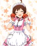  1girl :d ahoge apple apron blush bow bowtie brown_hair butterfly_ornament closed_eyes dot_nose dress flipped_hair food frilled_apron frilled_skirt frills fruit hair_between_eyes hands_up holding holding_food holding_fruit idolmaster idolmaster_million_live! idolmaster_million_live!_theater_days kinoshita_hinata maid_headdress official_alternate_costume official_art open_mouth pink_bow pink_bowtie pink_dress pretty_waitress_(idolmaster) puffy_short_sleeves puffy_sleeves red_apple shirt short_hair short_sleeves sidelocks skirt smile solo standing starry_background straight-on thighhighs upper_body waist_apron waitress white_apron white_shirt white_thighhighs wrist_cuffs 