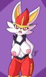 anthro areola band-aid band-aid_on_face bandage bandage_on_face big_breasts breasts cheek_tuft cinderace eyelashes facial_tuft female fur generation_8_pokemon hand_on_hip hi_res looking_at_viewer nintendo nipples open_mouth pink_areola pink_nipples pokemon pokemon_(species) purple_background red_body red_eyes red_fur rod_akihiro simple_background solo thick_thighs tuft white_body white_fur wide_hips