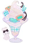  aqua_theme bow cookie cup dessert food food_focus frills glass highres ice_cream original parfait pepparmint310 rabbit simple_background sitting sprinkles sweets wafer_stick whipped_cream white_background 