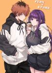  1boy 1girl absurdres alternate_costume black_hoodie character_name commentary_request contemporary cowboy_shot cup disposable_cup fern_(sousou_no_frieren) hand_in_pocket highres holding holding_cup hood hood_down hoodie looking_at_viewer orange_background purple_eyes purple_hair red_eyes red_hair shashaki sousou_no_frieren stark_(sousou_no_frieren) thighs white_hoodie 