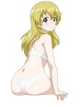  1girl absurdres ass blonde_hair blush bra breasts carpaccio_(girls_und_panzer) closed_mouth girls_und_panzer gogopaint green_eyes highres long_hair looking_at_viewer looking_back medium_breasts panties simple_background sitting smile solo underwear underwear_only white_background white_bra white_panties 