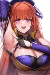  absurdres arknights armpits bagpipe_(arknights) bagpipe_(queen_no._1)_(arknights) breasts highres horns large_breasts looking_at_viewer official_alternate_costume onedr orange_hair presenting_armpit purple_eyes race_queen smelly_armpits smile sweat sweaty_armpits teeth upper_body upper_teeth_only 
