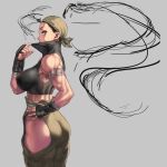  1girl ass bare_shoulders breasts brown_eyes fingerless_gloves gloves grey_background ibuki_(street_fighter) muscular muscular_female shu-mai solo street_fighter street_fighter_iii_(series) unfinished 