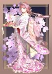  1girl 6nutqd2kwd0iqcl absurdres alternate_costume cherry_blossoms closed_mouth commentary english_commentary fire_emblem fire_emblem_fates floral_print flower gradient_kimono hairband hand_fan highres holding holding_fan japanese_clothes kimono looking_at_viewer pink_eyes pink_flower pink_hair pink_kimono print_kimono sakura_(fire_emblem) short_hair solo two-tone_kimono white_hairband white_kimono wide_sleeves 
