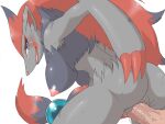anthro areola blush bodily_fluids breasts butt canid canine claws duo erection female fur generation_5_pokemon genital_fluids genitals hair human male male/female male_penetrating mammal nintendo nipples nude penetration penis pokemon pokemon_(species) pussy sex smile tarian zoroark