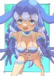  1girl absurdres bikini blue_background blue_bikini blue_eyes blue_hair cetacean_tail choker dolphin_girl elbow_gloves fins fish_tail frills gloves head_fins highres kemono_friends long_hair looking_at_viewer navel osnmykk simple_background solo steller&#039;s_sea_cow_(kemono_friends) swimsuit tail 