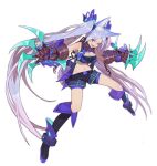  1girl :d animal_ear_fluff animal_ears ark_order black_tube_top blue_eyes blue_fire blue_footwear blue_hair blue_shorts blue_vest boots breasts chain claw_(weapon) cuffs energy fang fenrir_(ark_order) fire full_body gauntlets knee_boots large_breasts long_hair looking_at_viewer midriff navel official_art red_cucumber shackles shorts sidelocks skin_fang smile solo strapless tachi-e tail transparent_background tube_top twintails variant_set very_long_hair vest weapon wolf_ears wolf_tail 