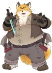 2024 anthro belly big_belly black_nose bottomwear canid canine clothing eyes_closed fox hi_res humanoid_hands kemono male mammal overweight overweight_male pants shirokumaou solo weapon
