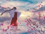  1girl absurdres black_hair cloud commentary_request flower full_body hair_flower hair_ornament hakama hakama_skirt highres horizon japanese_clothes kimono long_hair looking_at_viewer miko open_mouth original outstretched_arms petals plum_blossoms red_eyes red_hakama scenery skirt sky smile solo spread_arms sunrise taka_oedo twintails very_long_hair water white_kimono 