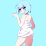 1girl blue_eyes blue_hair cross_(vgne4542) highres jelly_hoshiumi looking_back phase_connect short_hair simple_background smile solo towel 