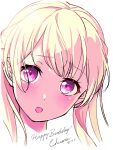  1girl absurdres bang_dream! blonde_hair blush commentary dated half_updo happy_birthday highres long_hair looking_at_viewer nobusawa_osamu open_mouth portrait purple_eyes shirasagi_chisato simple_background solo white_background 