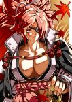 1girl absurdres baiken big_hair black_kimono breasts cleavage eyepatch facial_tattoo guilty_gear guilty_gear_xrd highres japanese_clothes katana kimono large_breasts leaf long_hair long_sleeves looking_at_viewer mabost23 maple_leaf multicolored_clothes multicolored_kimono one-eyed open_clothes open_kimono parted_lips ponytail red_eyes red_hair ribbon samurai scar scar_across_eye sword tassel tattoo upper_body weapon white_ribbon 