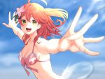  1girl :d ahoge blue_sky blurry breasts cleavage depth_of_field ears eyelashes flower flower_on_head green_eyes hair_ribbon hololive looking_at_viewer medium_breasts medium_hair mikan_(chipstar182) open_mouth outstretched_arms outstretched_hand pink_hair raised_eyebrows ribbon sakura_miko sky smile solo spaghetti_strap string_bikini summer swimsuit t-pose upper_body v-shaped_eyebrows virtual_youtuber 