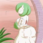  1:1 animated anthro big_breasts big_butt blush breasts butt camera_view clothing covering covering_breasts female gardevoir green_hair hair huge_breasts looking_back mechspazer nintendo pok&eacute;mon pok&eacute;mon_(species) red_eyes short_playtime tree undressing video_games voyeur white_body white_skin 