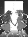  2girls absurdres backlighting blurry blush bokeh closed_eyes depth_of_field dress facing_another flower from_behind fujishima_megumi greyscale hair_flower hair_ornament hasu_no_sora_school_uniform highres holding_hands light_rays link!_like!_love_live! loafers long_hair love_live! mira-cra_park! monochrome multiple_girls neckerchief open_mouth osawa_rurino pleated_dress sailor_collar sailor_dress school_uniform shoes short_sleeves smile summer_uniform twintails two_side_up walking walking_away yutuki_ame 