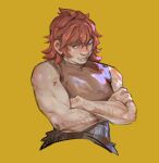  1girl armor artist_name dungeon_meshi dwarf highres leather_armor looking_at_viewer muscular muscular_female namari_(dungeon_meshi) nukbody pelt red_hair short_hair smile strong yellow_background 