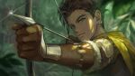  1boy arrow_(projectile) bow_(weapon) brown_hair cape claude_von_riegan closed_mouth drawing_bow earrings fire_emblem fire_emblem:_three_houses fon-due_(fonfon) glint gloves green_eyes highres holding holding_bow_(weapon) holding_weapon jewelry leather leather_gloves male_focus outdoors short_hair signature solo upper_body weapon yellow_cape 
