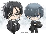  2boys alternate_hairstyle bishounen black_footwear black_hair black_jacket black_pants black_shirt black_suit blue_eyes blue_hair blue_necktie buttons chibi ciel_phantomhive collared_shirt cross cross_necklace dark_blue_hair earrings eyepatch glasses hair_over_one_eye hat hayase_hiromu highres holding holding_clothes holding_hat jacket jewelry kuroshitsuji looking_at_viewer male_focus multiple_boys necklace necktie object_request orange_eyes outline pants sebastian_michaelis shirt short_hair smile standing suit top_hat twitter_username white_outline white_shirt 