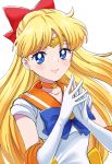  1girl bishoujo_senshi_sailor_moon blonde_hair blue_eyes blue_neckwear bow choker circlet closed_mouth collarbone collared_shirt earrings elbow_gloves floating_hair gloves hair_bow highres jewelry long_hair orange_choker orange_sailor_collar red_bow sailor_collar sailor_senshi_uniform sailor_shirt sailor_venus sharumon shiny shiny_hair shirt simple_background smile solo star_(symbol) star_choker upper_body very_long_hair white_background white_gloves white_shirt 