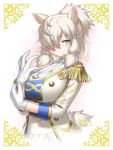  1girl adjusting_clothes adjusting_gloves alpaca_ears alpaca_suri_(kemono_friends) alpaca_tail alternate_breast_size alternate_costume animal_ears ascot blonde_hair blue_eyes breasts closed_mouth coat commentary dated gloves hair_over_one_eye half-closed_eye hands_up high_ponytail highres horizontal_pupils huge_breasts impossible_clothes kemono_friends looking_at_viewer medium_hair military military_uniform open_clothes open_coat platinum_blonde_hair shirt short_ponytail signature smile solo tail uniform upper_body white_gloves yoshida_hideyuki 
