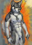  2019 abs anthro black_body black_fur black_nipples blue_eyes canid canine canis creeps domestic_dog fur grey_body grey_fur husky jewelry male mammal navel necklace nipples nordic_sled_dog nude solo spitz standing white_body white_fur 
