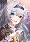  1girl :d absurdres areluna black_hairband black_jacket commentary cup firefly_(honkai:_star_rail) grey_hair hairband hand_up highres holding holding_cup honkai:_star_rail honkai_(series) jacket long_hair looking_at_viewer open_mouth pom-pom_(honkai:_star_rail) purple_eyes smile solo upper_body 