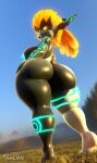 3d_(artwork) absurd_res big_butt blender_(software) blue_sky breasts butt curvy_figure digital_media_(artwork) fangs female glistening grass hair hi_res huge_butt humanoid humanoid_pointy_ears imp looking_back low-angle_view mammal meadow midna nintendo not_furry nude outside plant red_eyes short_stack side_boob sky smug solo sunrise tahlian teeth the_legend_of_zelda thick_thighs twili twilight_princess wide_hips