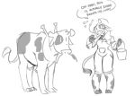  ambiguous_gender anthro black_body black_fur bovid bovine breasts cattle clothed clothing dialogue_box duo female feral fur hair hijackerdraws_(artist) holding_object horn mammal monochrome simple_background white_background 
