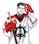  1boy arm_up black_eyes black_hair dogsred facial_hair hair_slicked_back highres holding_hockey_stick kita_(sever1220) male_focus simple_background solo sportswear stubble tsunemaru_youta white_background 