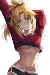  1girl arms_up bangs black_shorts blonde_hair blush breasts dolphin_shorts fate/apocrypha fate_(series) green_eyes grin hair_ornament hair_scrunchie highres jewelry long_hair long_sleeves looking_at_viewer mordred_(fate) mordred_(fate)_(all) navel necklace parted_bangs pendant ponytail red_scrunchie scrunchie short_shorts shorts sidelocks simple_background small_breasts smile tonee underboob white_background 