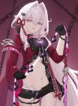  1girl anklet armlet belly black_choker black_gloves black_shorts bright_pupils chain choker cross eiri_se gloves hair_ornament highres holding holding_whip honkai_(series) honkai_impact_3rd jacket jewelry long_hair long_sleeves looking_at_viewer navel open_mouth purple_background purple_eyes purple_ribbon red_jacket red_ribbon ribbon ribbon_hair_ornament shorts simple_background smile thelema_(honkai_impact) very_long_hair weapon whip_sword white_hair white_pupils 