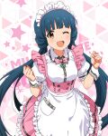  1girl :d apron blue_hair blunt_bangs blush bow bowtie breasts butterfly_ornament cowboy_shot dot_nose dress frilled_apron frilled_skirt frills hands_up idolmaster idolmaster_million_live! idolmaster_million_live!_theater_days kitakami_reika long_hair looking_at_viewer maid_headdress medium_breasts official_alternate_costume official_art one_eye_closed open_mouth pink_bow pink_bowtie pink_dress pretty_waitress_(idolmaster) puffy_short_sleeves puffy_sleeves shirt short_sleeves skirt smile solo standing starry_background thighhighs twintails upper_body very_long_hair waist_apron waitress white_apron white_shirt white_thighhighs wrist_cuffs yellow_eyes 