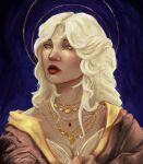  1girl blonde_hair blue_background blue_eyes breasts brown_shirt cleavage closed_mouth commentary dark-skinned_female dark_skin dungeons_&amp;_dragons english_commentary highres jewelry kat_(bigmeandragonlady) long_hair necklace neverwinter_nights nose original portrait red_lips shirt solo tumblr_username 