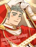  1boy arms_up bara blush chain crave_saga dated gloves glowing_chain green_eyes grey_hair happy_birthday holding holding_weapon jeffrey_(crave_saga) looking_at_viewer male_focus nattukre priest short_hair smile solo thick_eyebrows upper_body weapon 