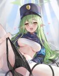  1girl :d armband black_hat black_jacket black_panties blue_archive blue_armband blush breasts commentary_request fang gloves green_hair green_halo halo hat heart highlander_sidelocks_conductor_(blue_archive) highres jacket long_hair looking_at_viewer medium_breasts navel open_mouth panties pantyhose pointy_ears sakurai_momoka_no_musuko sitting smile solo twitter_username underwear white_gloves white_pantyhose yellow_eyes 