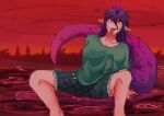  1girl absurdres barefoot blood blurry blurry_background chupacabra green_shirt green_shorts heart highres horns large_tail light_blush messy_hair otaeriaaoba pointy_ears pool_of_blood purple_hair purple_tail raised_eyebrow red_background red_eyes shirt shorts simple_background single_horn sitting tail tenkajin_chiyari tongue tongue_out touhou 