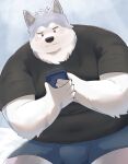 2024 absurd_res anthro black_nose blush bulge canid canine canis cellphone clothing domestic_dog electronics en_1_9 hi_res humanoid_hands husky kemono male mammal nordic_sled_dog overweight overweight_male phone shirt sitting smartphone solo spitz topwear underwear