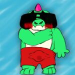 anthro blush bottomwear brawl_stars bulge buzz_(brawl_stars) clothing dinosaur eyewear green_body male reptile scalie shorts simple_background solo sunglasses supercell_(company) unknownfurr