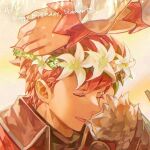  cape closed_eyes dated diamant_(fire_emblem) facing_to_the_side fire_emblem fire_emblem_engage flower flower_wreath happy_birthday hisi42 open_mouth red_cape red_hair white_flower 